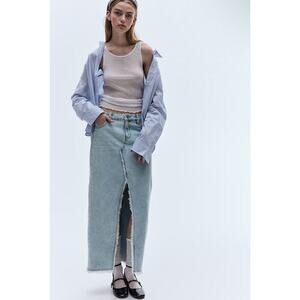NEW H&M Frayed Raw Edge Long Light Recycled cotton Denim Skirt High Slit Size 2